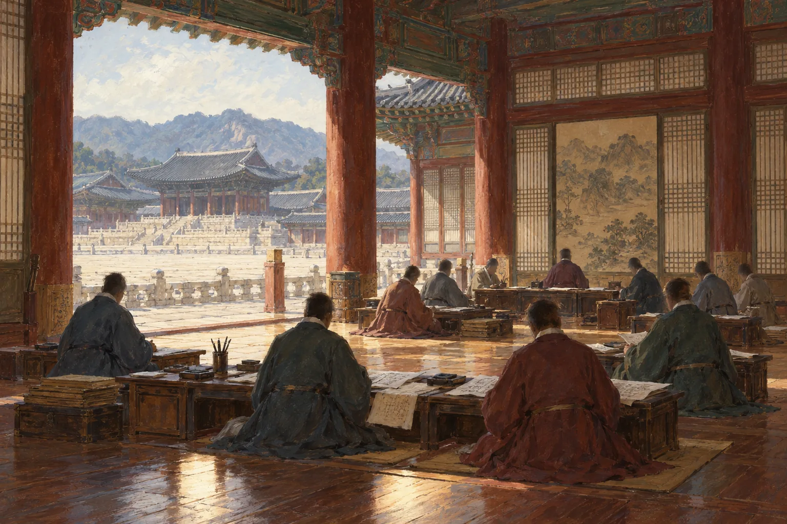 Pintura histórica de funcionarios de Joseon revisando documentos en mesas bajas de un salón palaciego abierto al patio