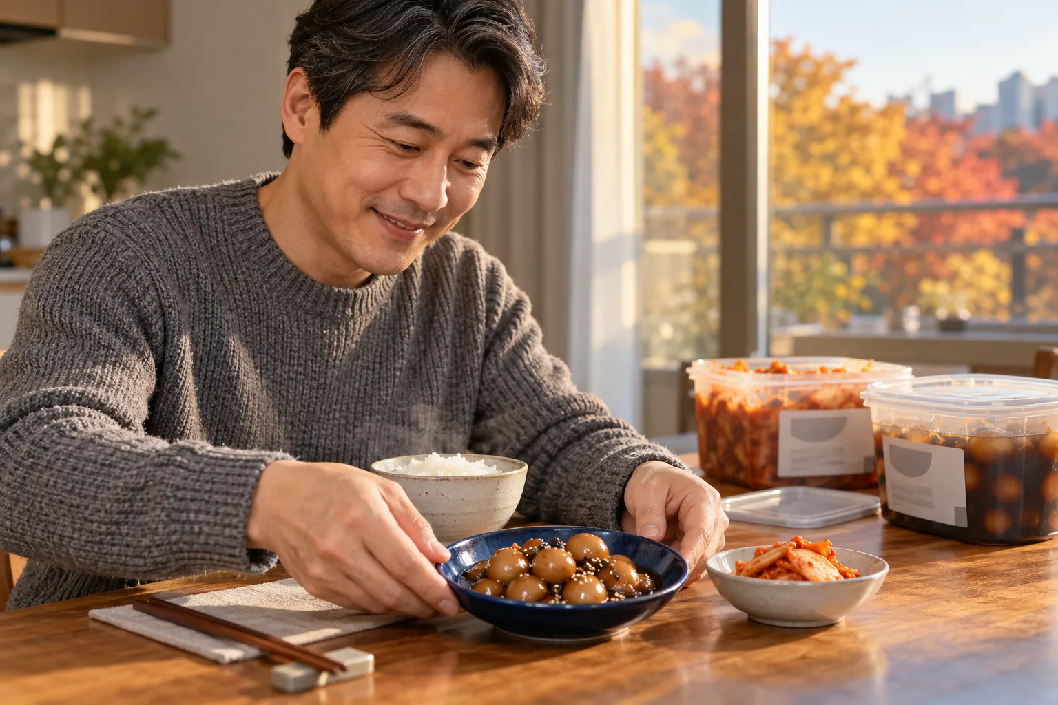 Un hombre sonriente con jersey gris coloca un plato azul de huevos de codorniz en salsa de soja junto al arroz y kimchi.
