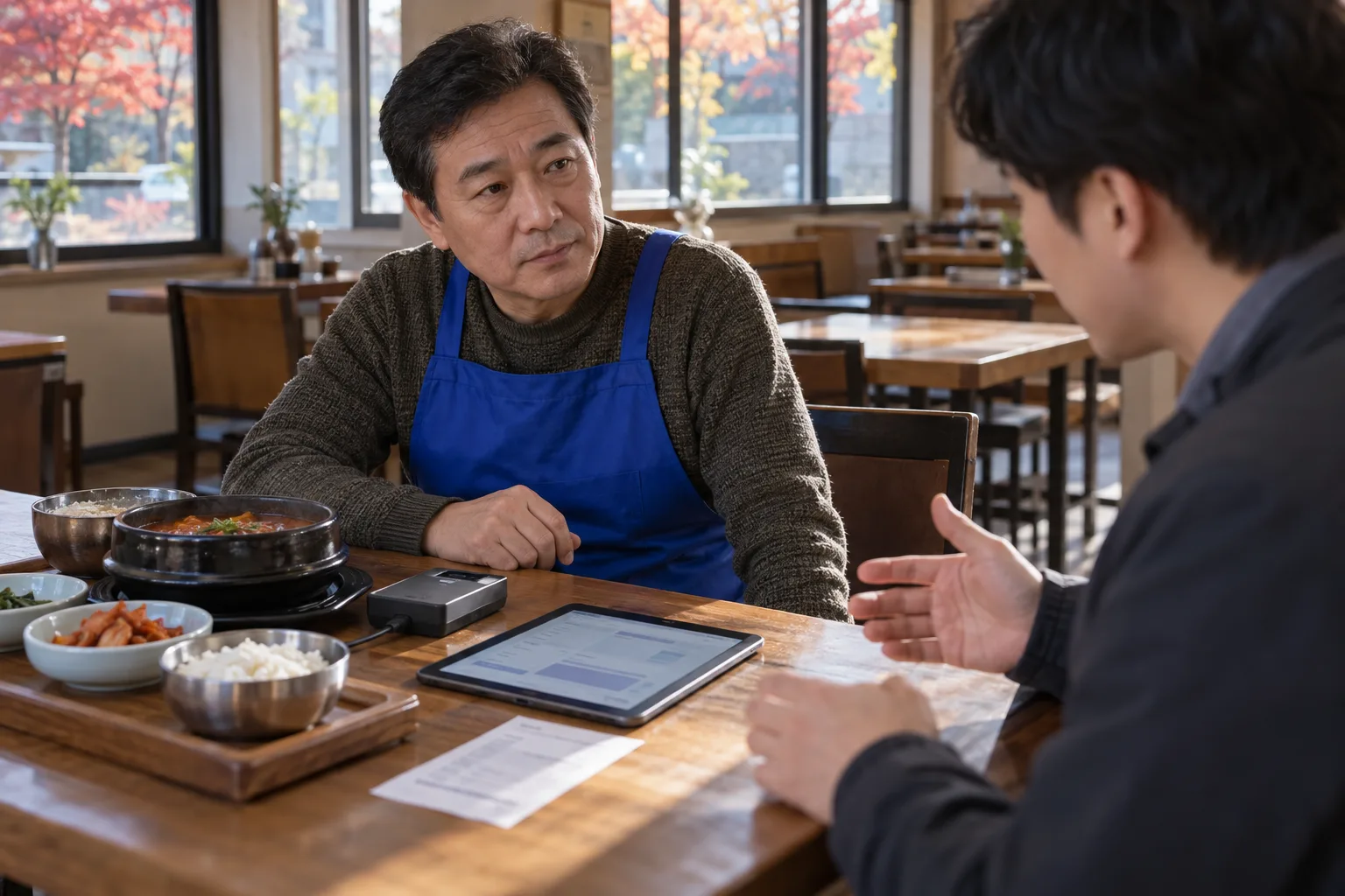 青いエプロン姿の飲食店主が、タブレットと決済端末の置かれたテーブルで男性と話している。