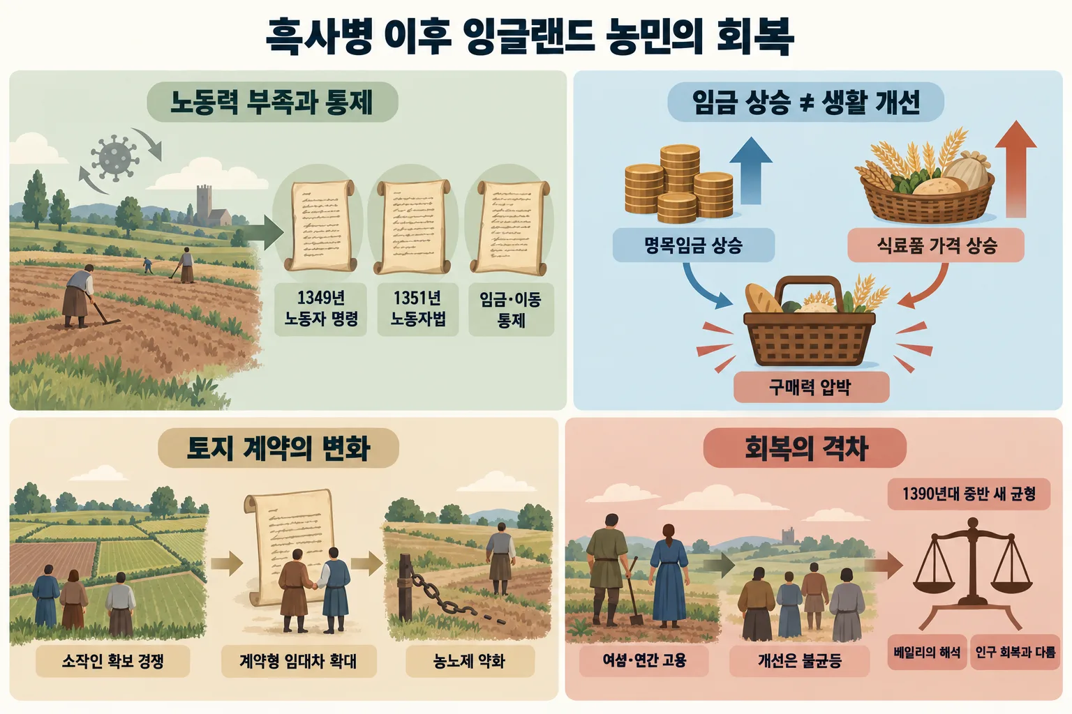 노동 통제, 임금과 식료품 가격, 토지 계약 변화, 농민의 불균등한 회복을 다룬 4개 패널 인포그래픽