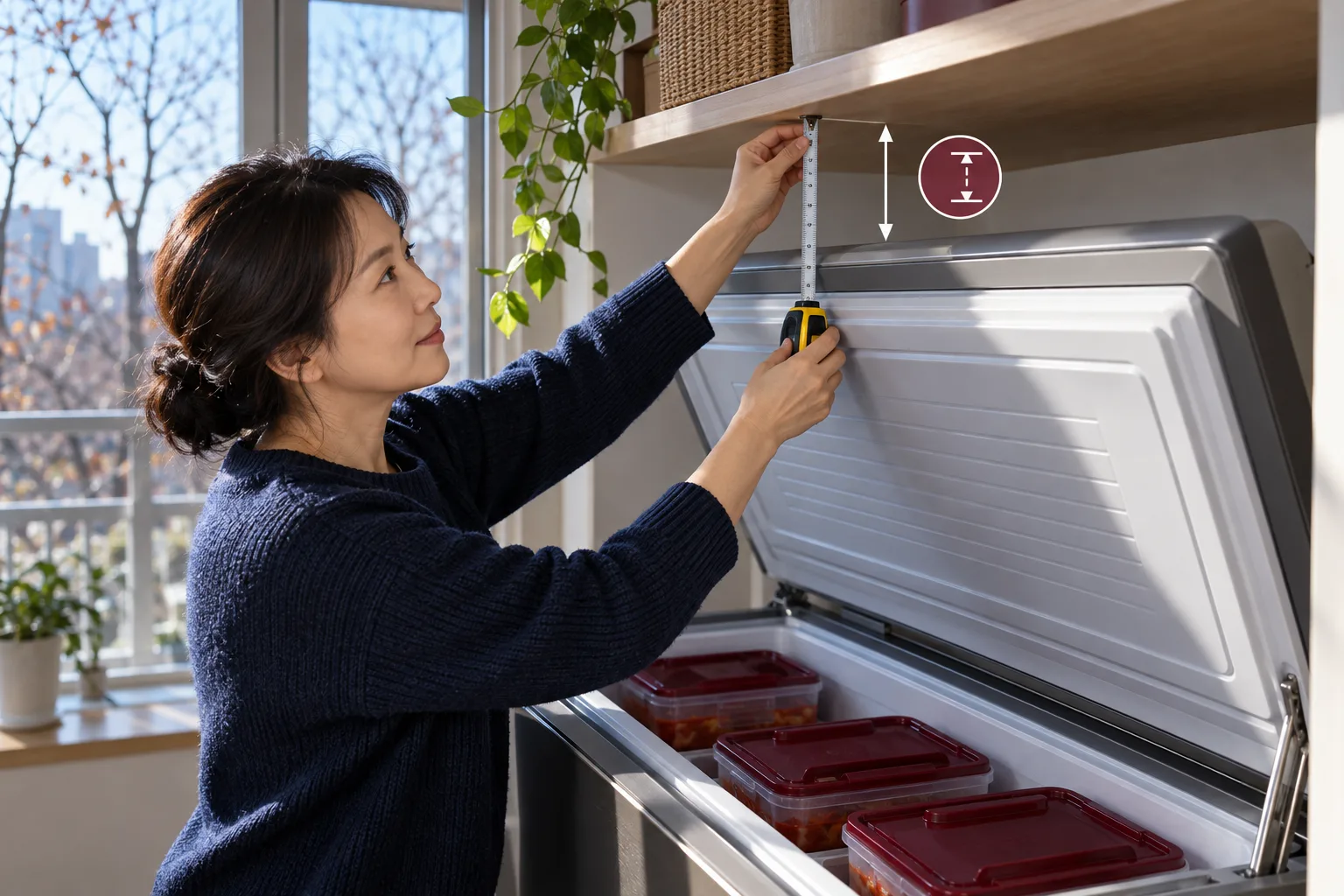 A woman uses a tape measure to check the gap between an open kimchi refrigerator lid and the shelf above.