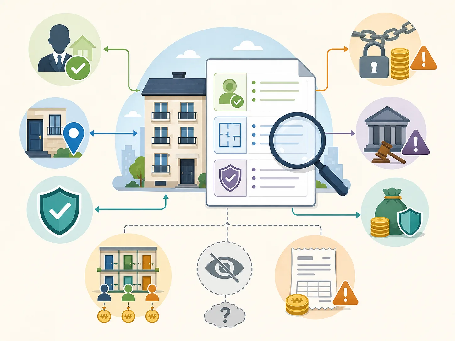 Infographic showing a house and property document inspected with a magnifying glass for rental risks