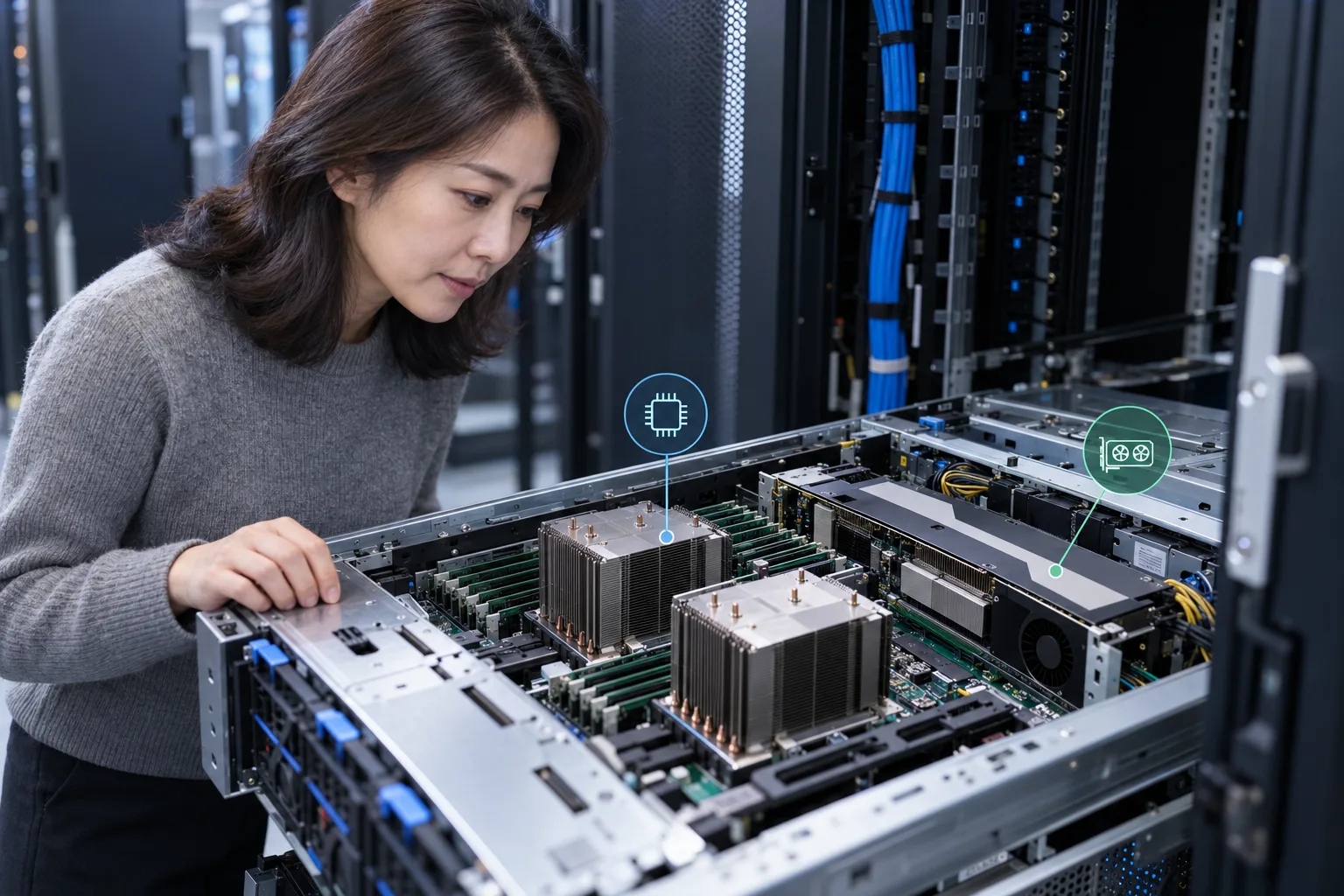 서버실에서 CPU 방열판과 GPU 카드가 드러난 서버 내부를 살펴보는 여성