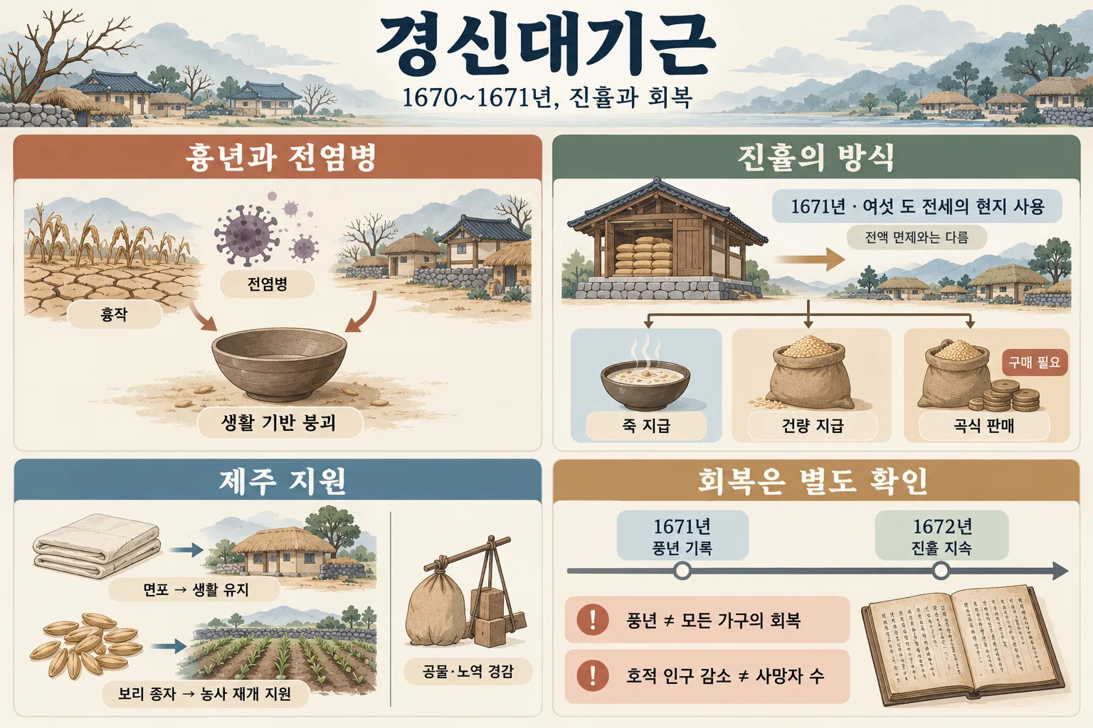흉년과 전염병, 진휼 방식, 제주 지원, 회복 판단의 주의점을 네 칸으로 정리한 경신대기근 인포그래픽