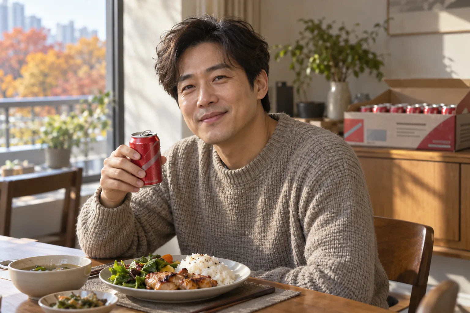 집 식탁에서 식사를 앞에 두고 작은 빨간 콜라 캔을 든 채 미소 짓는 남성