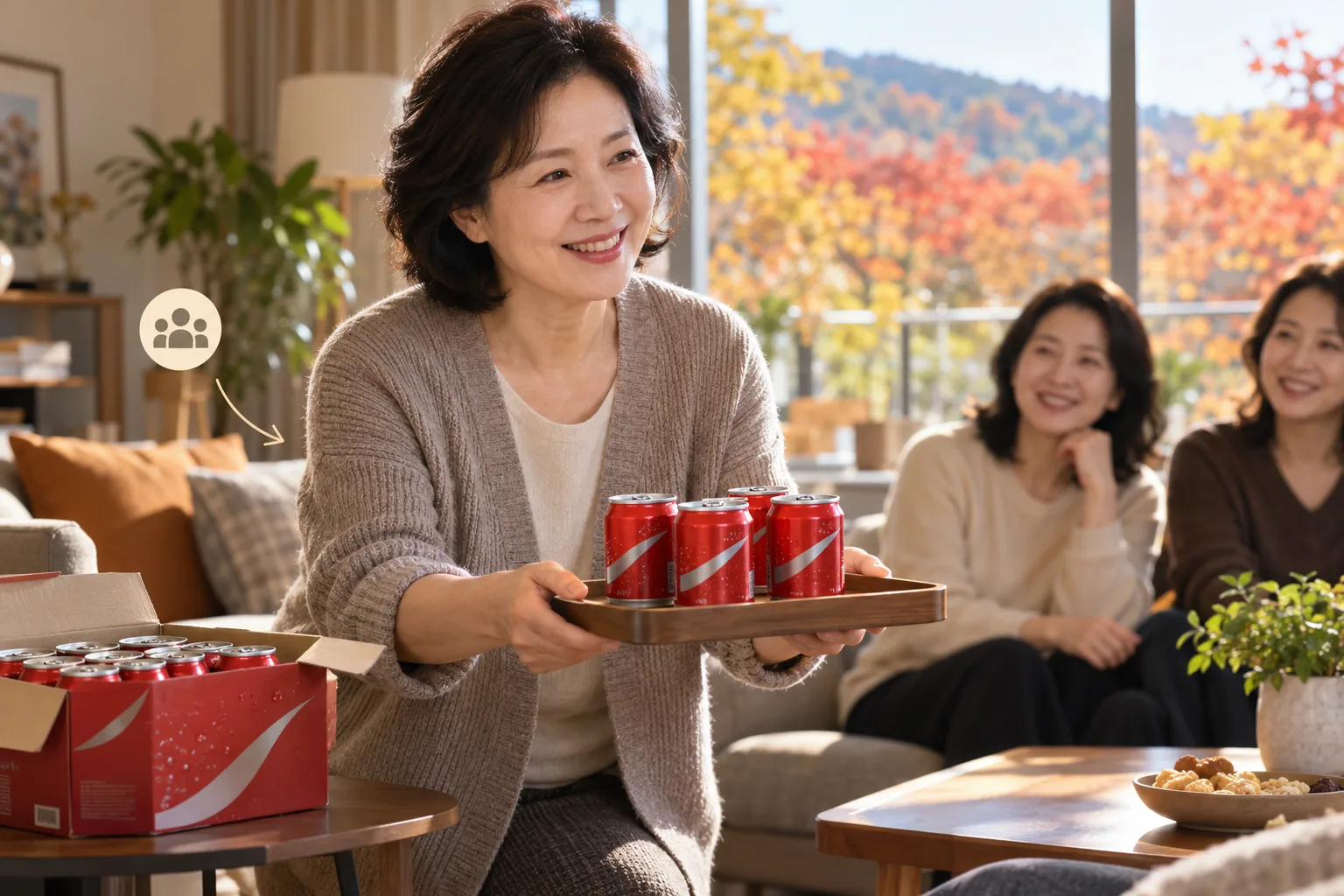 거실에 앉은 두 친구 앞에서 작은 빨간 콜라 캔을 담은 쟁반을 들고 미소 짓는 여성