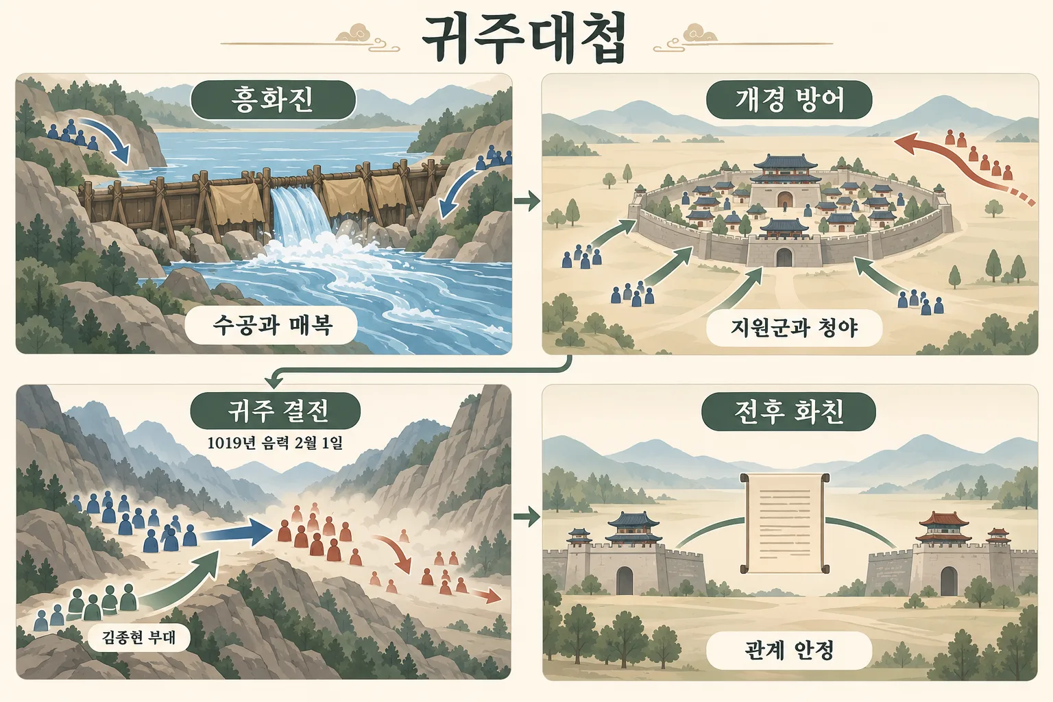 흥화진 수공, 개경 방어, 귀주 결전, 전후 화친을 네 칸으로 정리한 인포그래픽