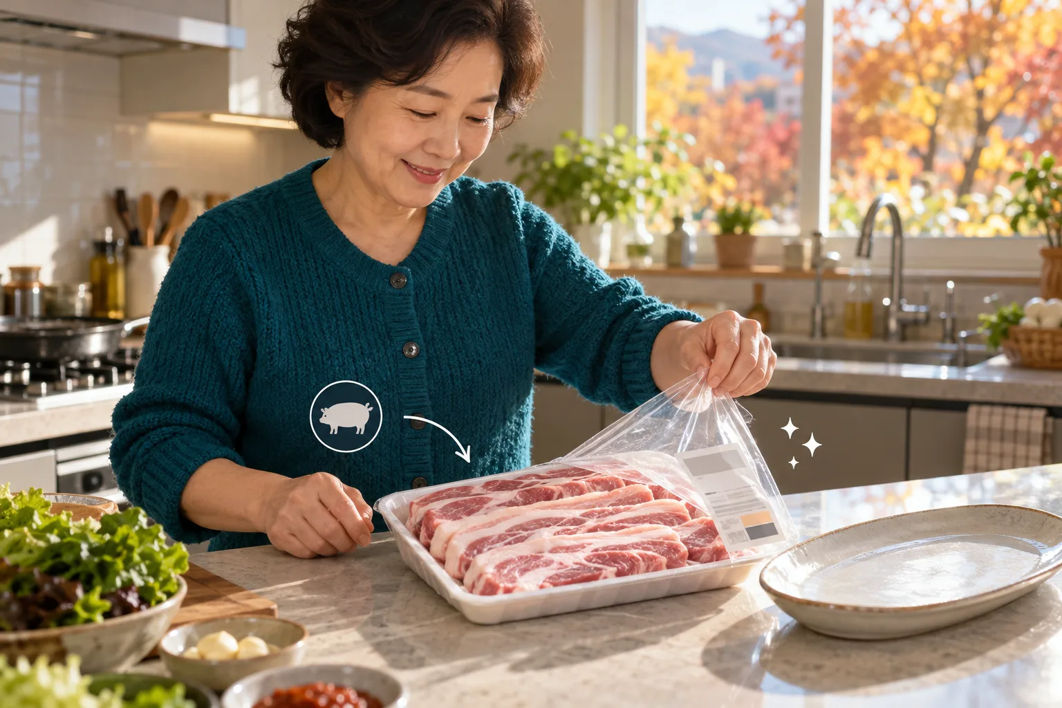青緑色のカーディガンを着た女性が、キッチンで厚切りの豚バラ肉が入ったトレーの透明フィルムをはがしている