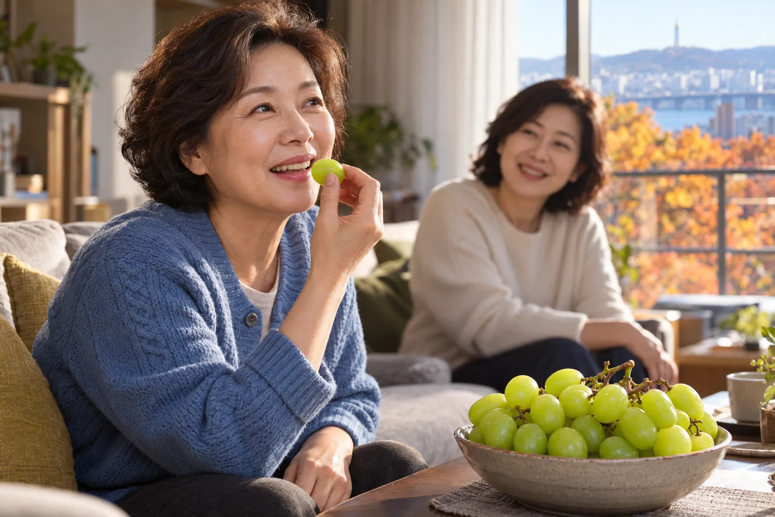 소파에 앉은 여성이 웃으며 청포도 한 알을 입 가까이 들고 있고, 옆에는 다른 여성과 포도가 담긴 그릇이 있다.