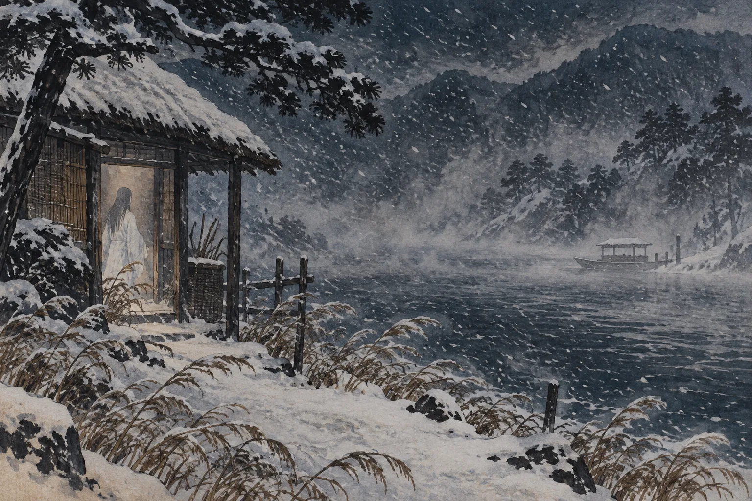 吹雪の夜、川辺の小屋の戸口に白い衣の女が立ち、対岸には渡し舟が留まっている。