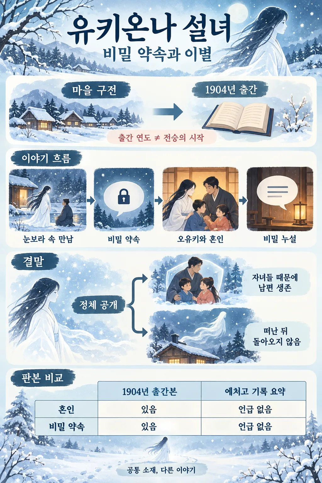 설녀의 만남과 혼인, 정체 공개와 결말을 정리하고 1904년 출간본과 에치고 기록을 비교한 인포그래픽