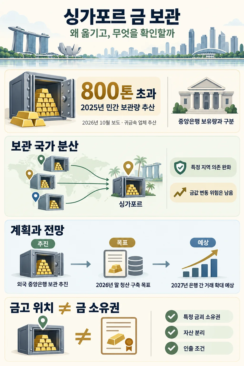 싱가포르 전경과 금고, 민간 보관량, 보관 국가 분산, 거래 기반 확대 계획, 소유권 확인 항목을 담은 인포그래픽