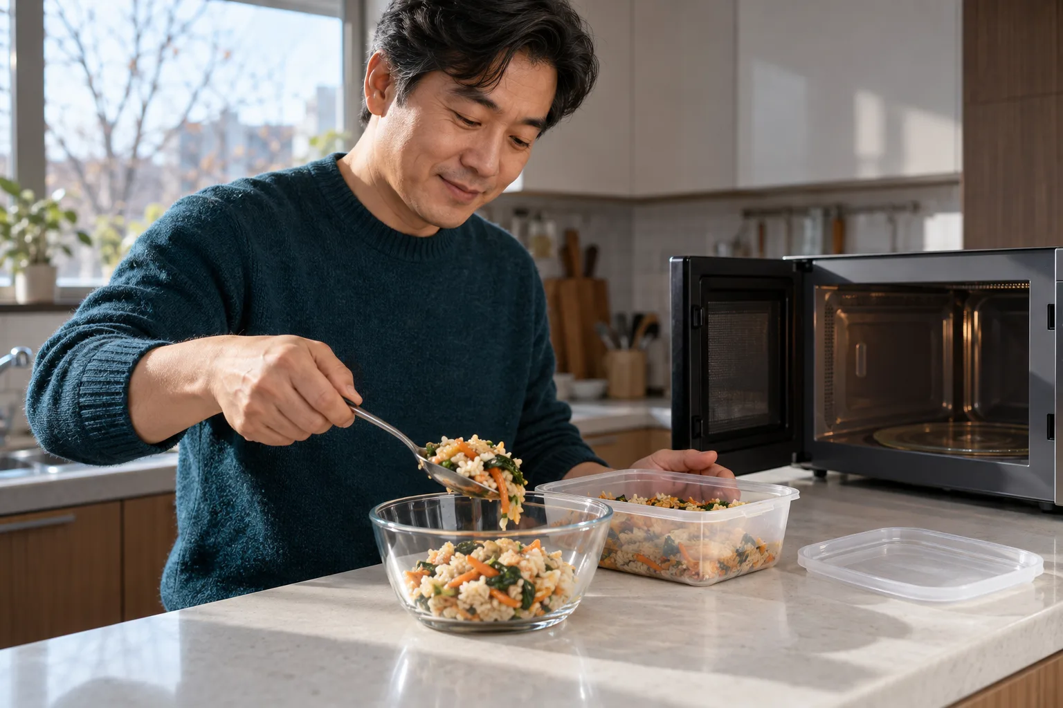 開いた電子レンジの横で、男性がプラスチック容器のご飯と野菜をガラスのボウルに移している。