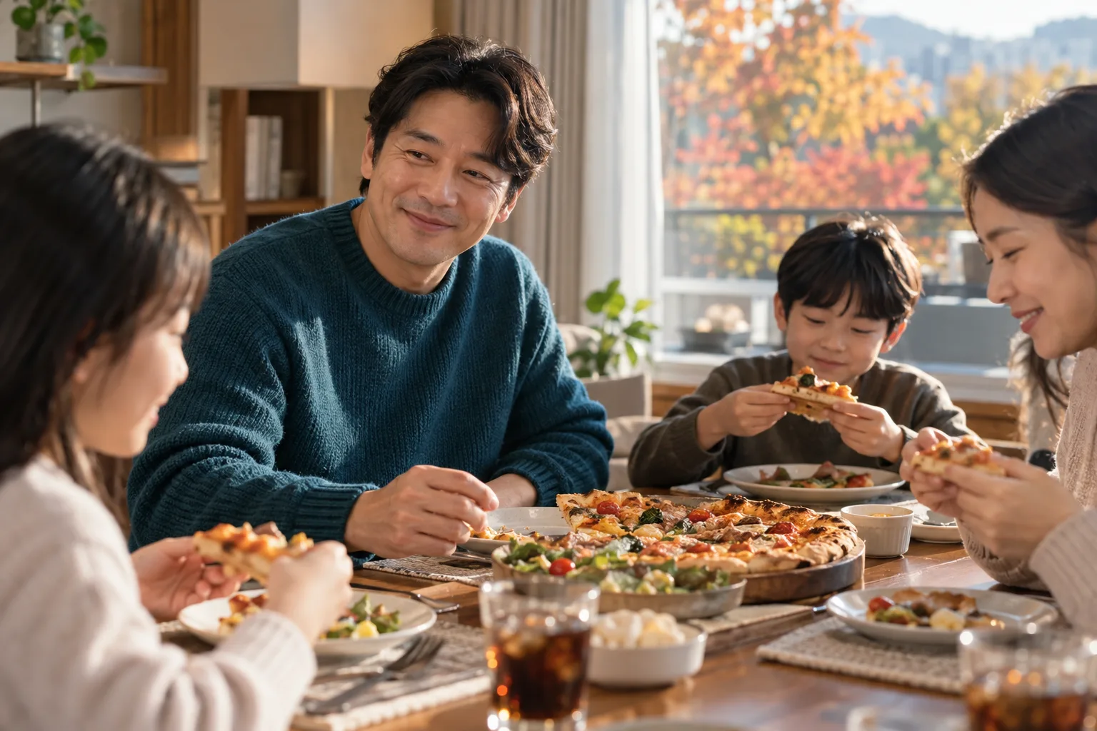 A father smiles at his family around a dining table with pizza and glasses of cola.