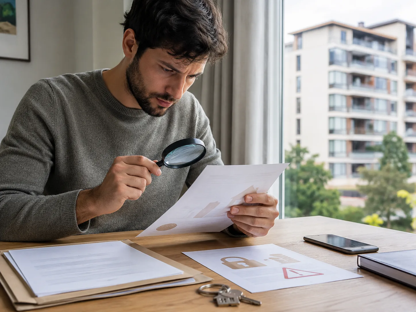 Man at a table examining property papers with a magnifying glass, with an apartment building outside