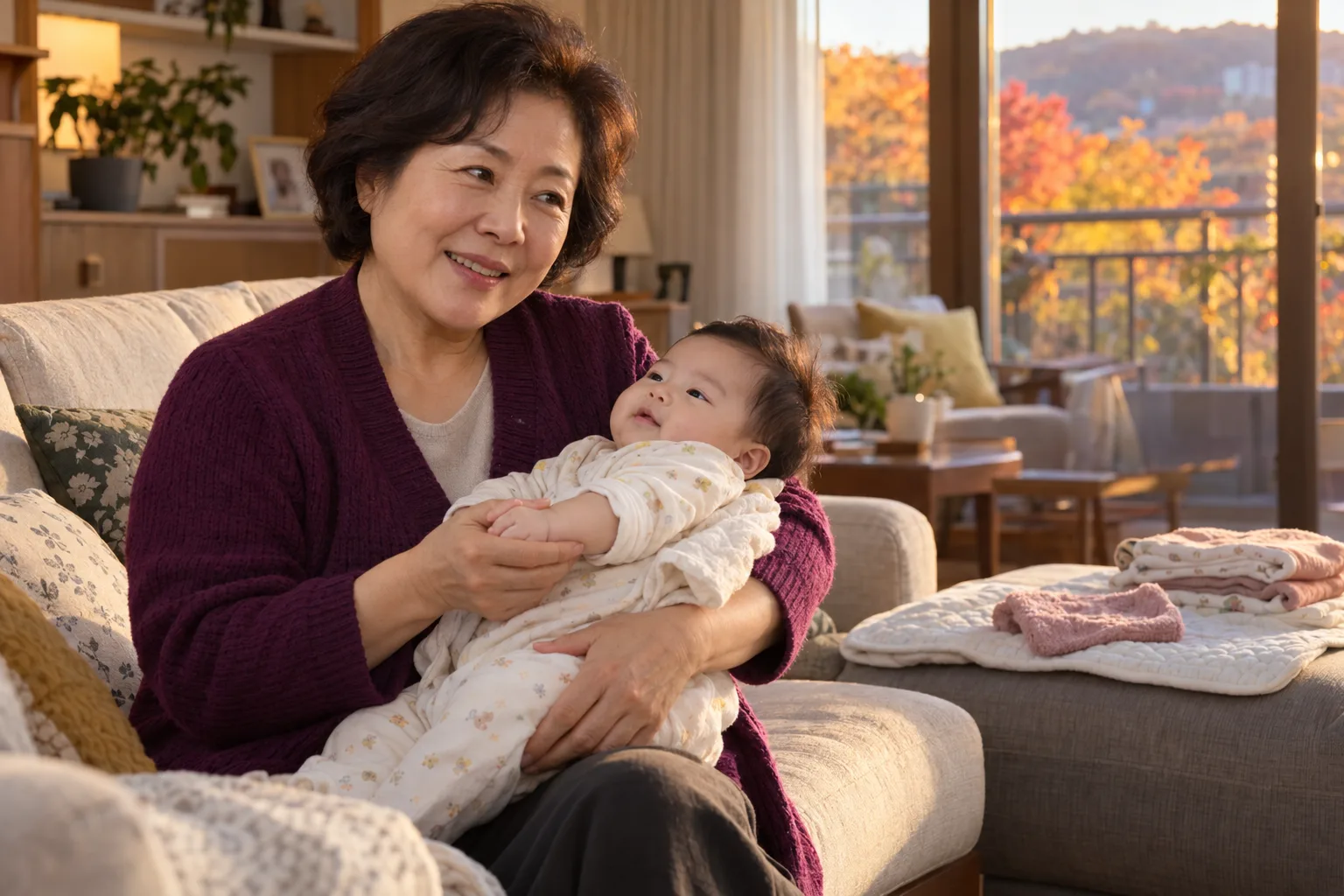 가을 햇살이 드는 거실 소파에서 아기를 품에 안고 손을 부드럽게 받치는 할머니