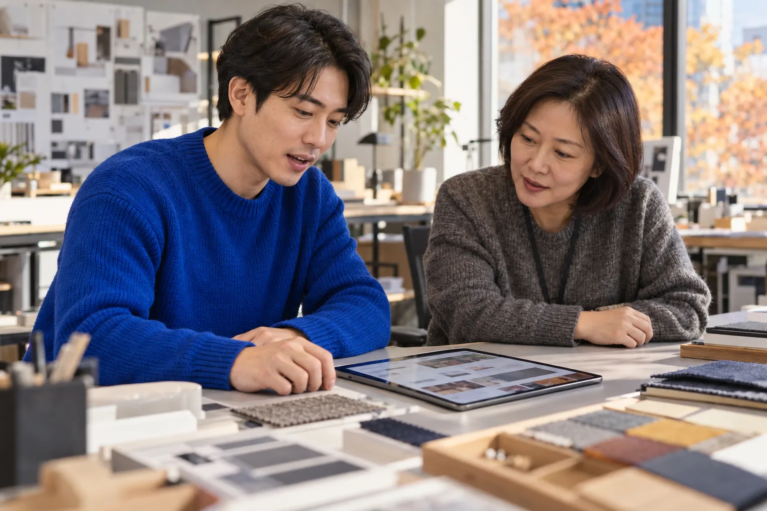 소재 견본이 놓인 디자인 스튜디오에서 남성이 태블릿을 보며 설명하고 여성이 귀 기울이고 있다.