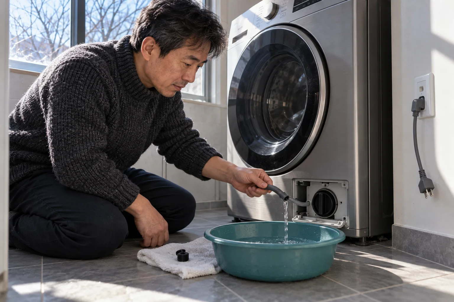 A man drains water from a front-loading washer’s emergency drain hose into a basin.