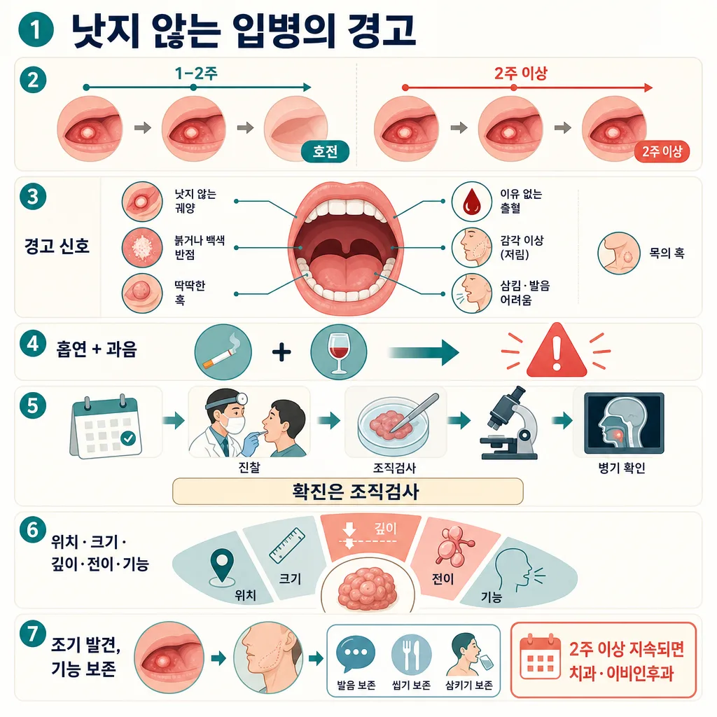 2주 이상 낫지 않는 입병의 경고 신호와 구강암 진단 과정을 설명한 인포그래픽