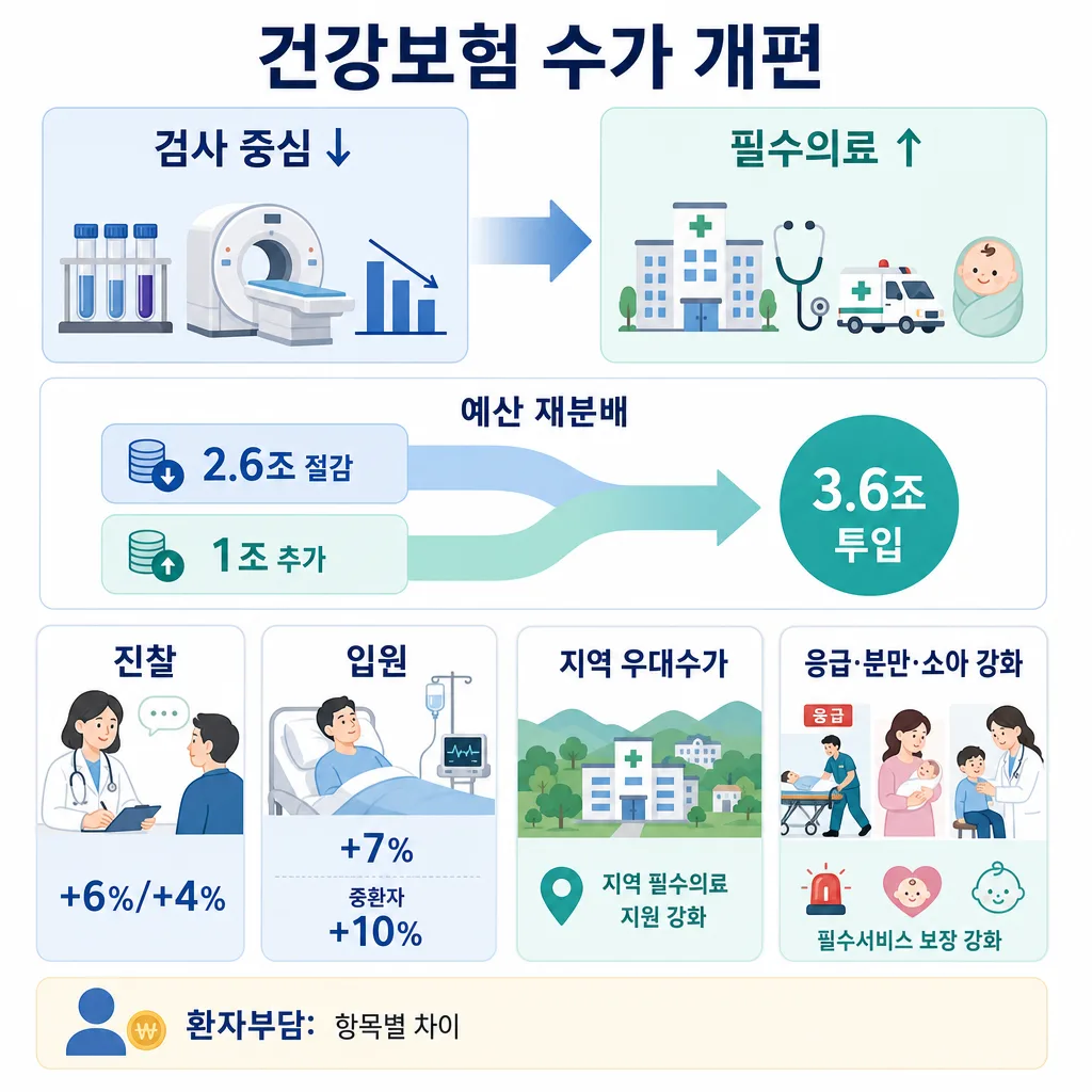 검사 중심은 줄이고 필수의료를 늘리는 건강보험 수가 개편 인포그래픽