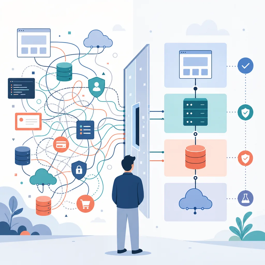 Developer standing between tangled system connections and an orderly layered architecture