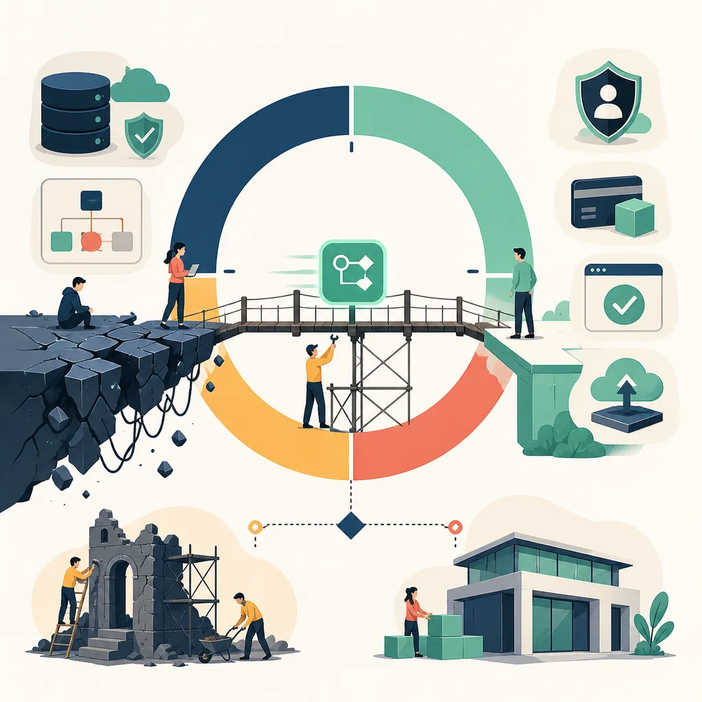Developers repairing a bridge between a crumbling cliff and a stable platform, with security and deployment icons