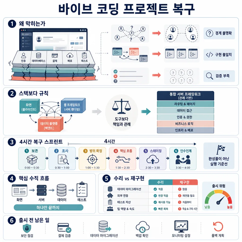 바이브 코딩 프로젝트의 문제 진단과 4시간 복구 절차를 6단계로 정리한 인포그래픽