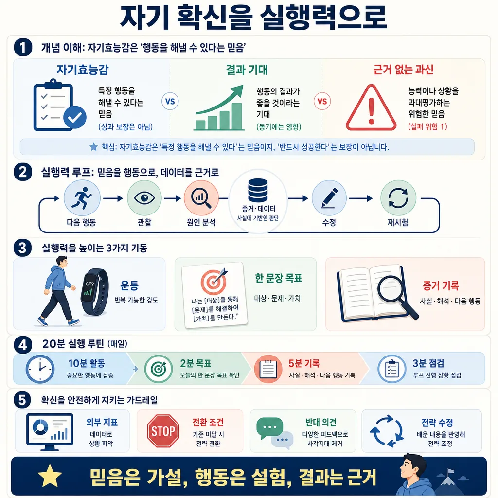 자기 확신을 실행력으로 바꾸는 개념, 실행 루프, 습관과 안전장치를 정리한 인포그래픽