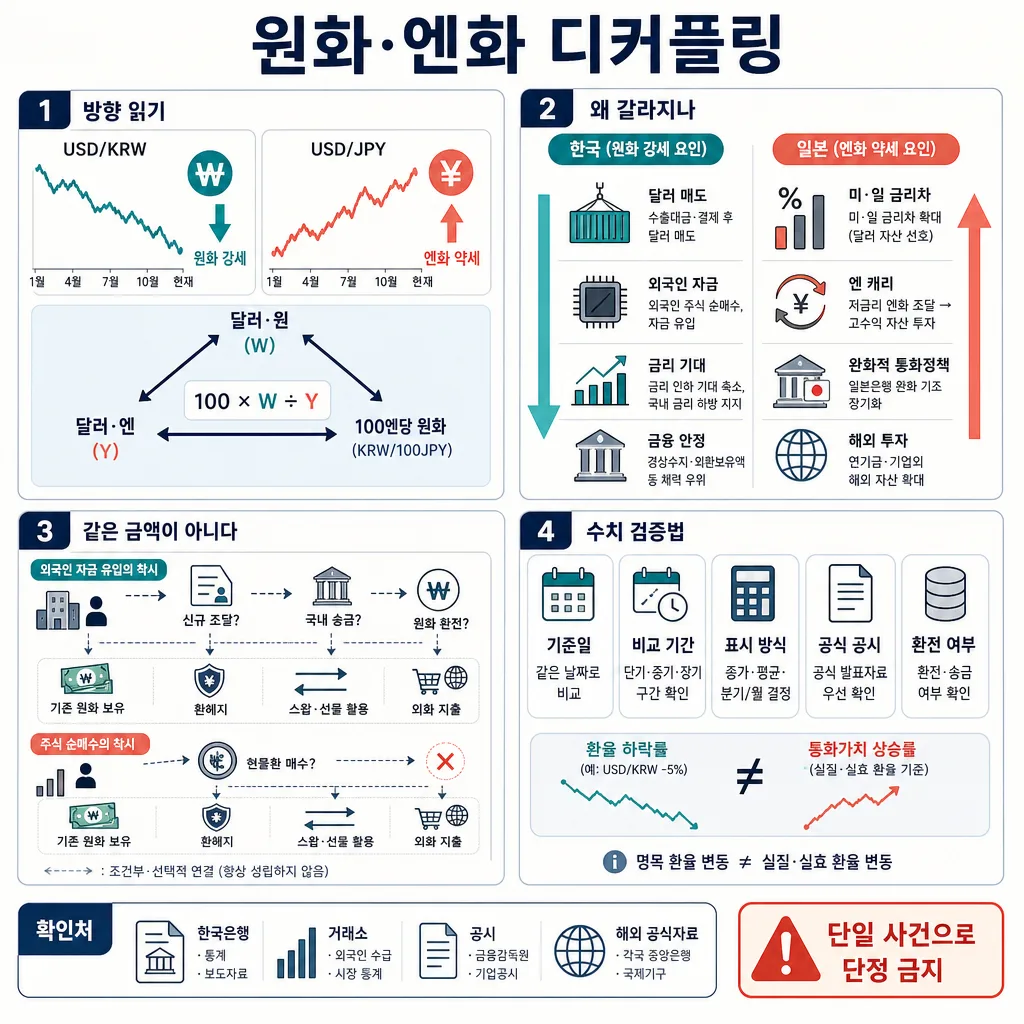 원화 강세·엔화 약세의 원인과 환율 수치 검증법을 4단계로 정리한 인포그래픽