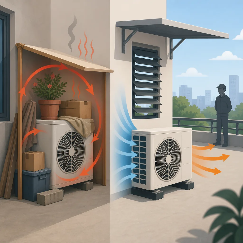 物に囲まれて過熱する室外機と、周囲を空けて通気を確保した室外機の比較