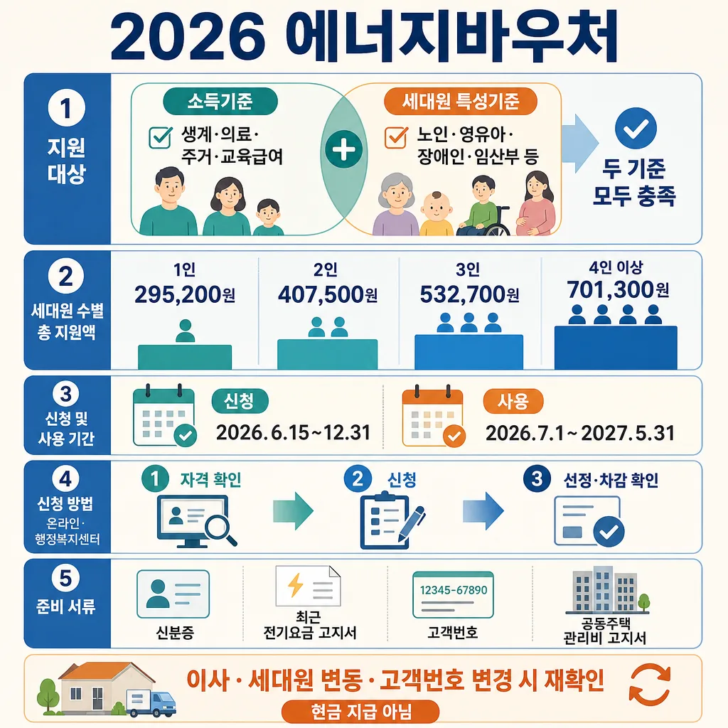 2026 에너지바우처 지원 대상, 세대원별 금액, 신청·사용 기간, 신청 방법과 준비 서류 안내