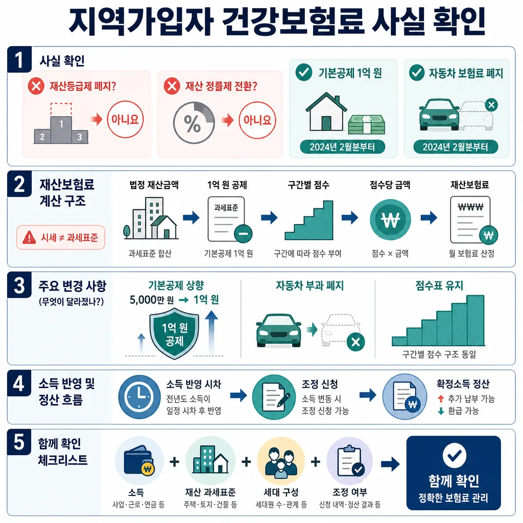 지역가입자 건강보험료의 사실 확인, 재산보험료 계산, 변경 사항, 정산 흐름을 정리한 인포그래픽