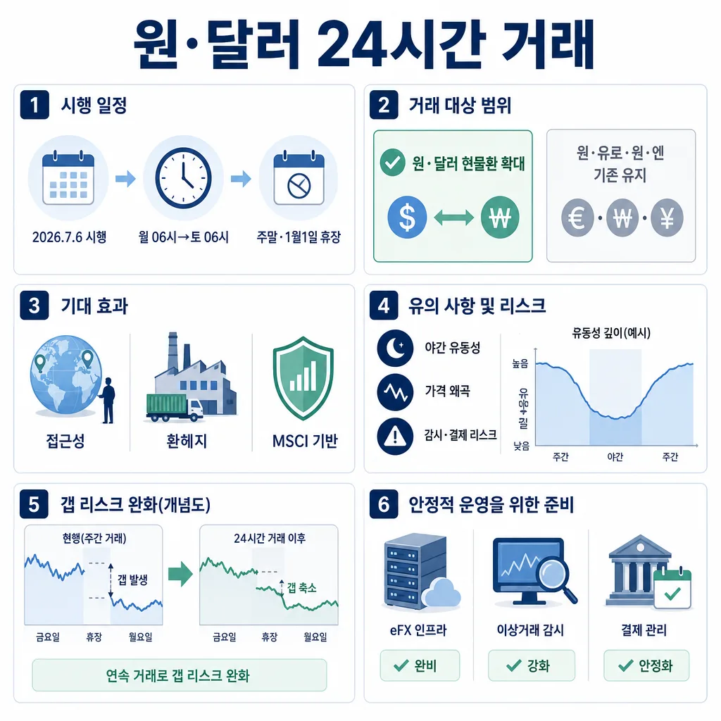 원·달러 24시간 거래의 일정, 대상, 기대 효과, 리스크와 준비 사항을 정리한 인포그래픽