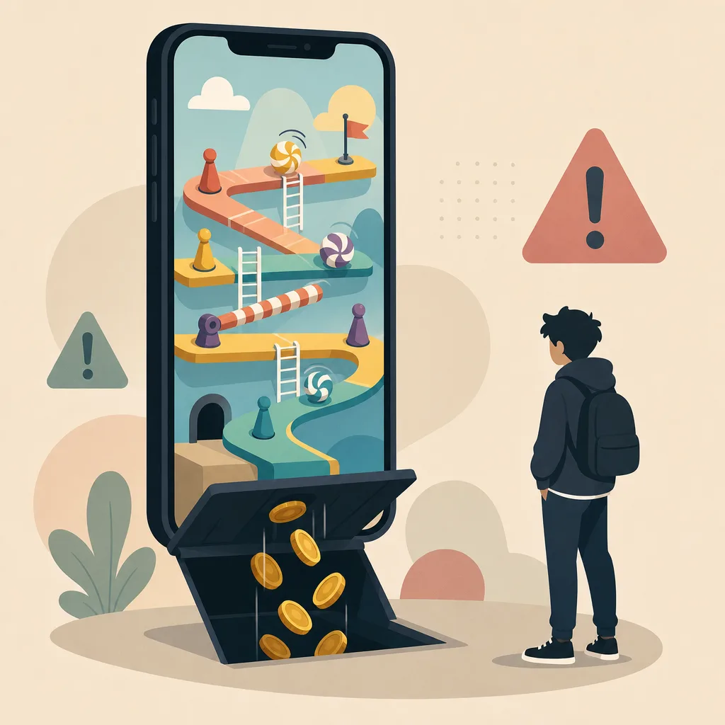 Juego móvil en un teléfono con monedas cayendo en una trampa y señales de advertencia