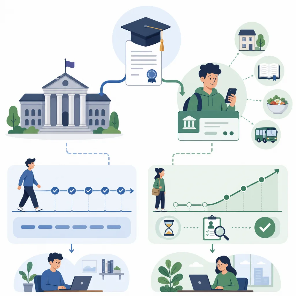 Student loan guide with a university, diploma, student, bank card, application steps, and approval