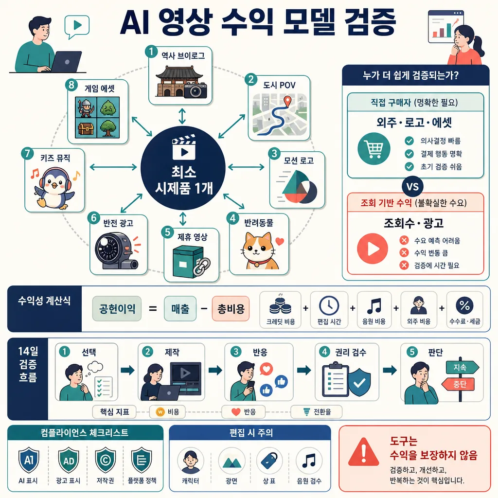 AI 영상 수익 모델 8가지와 손익 계산, 14일 검증 절차를 정리한 한국어 인포그래픽