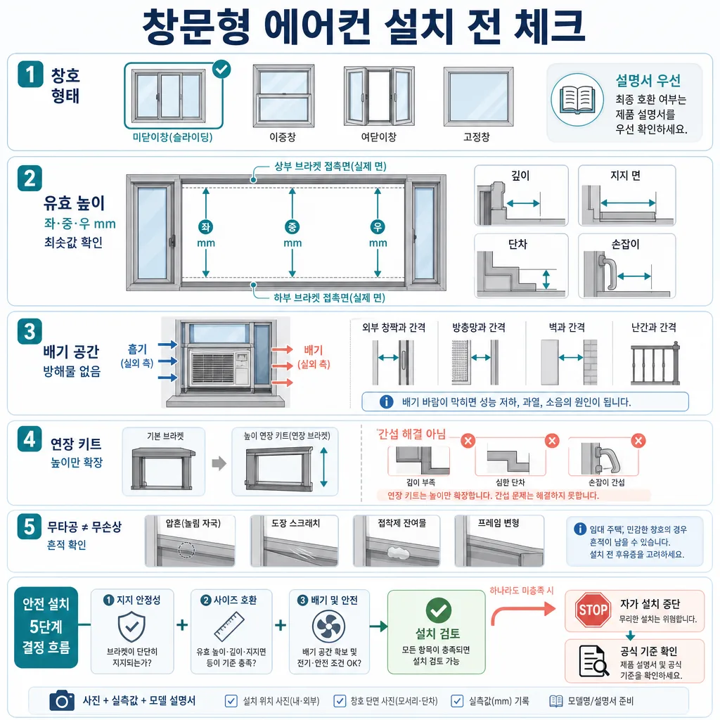 창문형 에어컨 설치 전 창호 형태, 높이, 배기 공간, 손상 여부를 확인하는 체크리스트