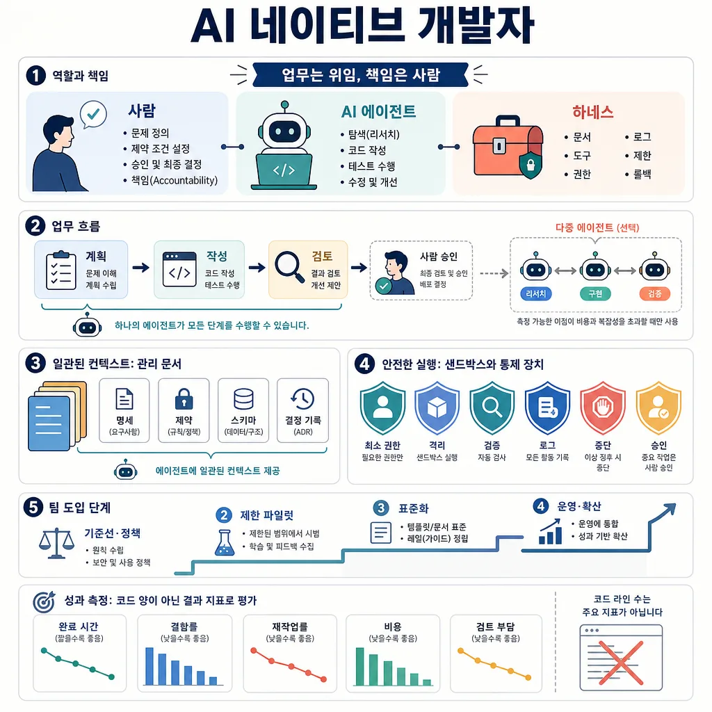 AI 네이티브 개발자의 역할, 업무 흐름, 관리 문서, 안전장치, 도입 단계와 성과 지표를 정리한 인포그래픽