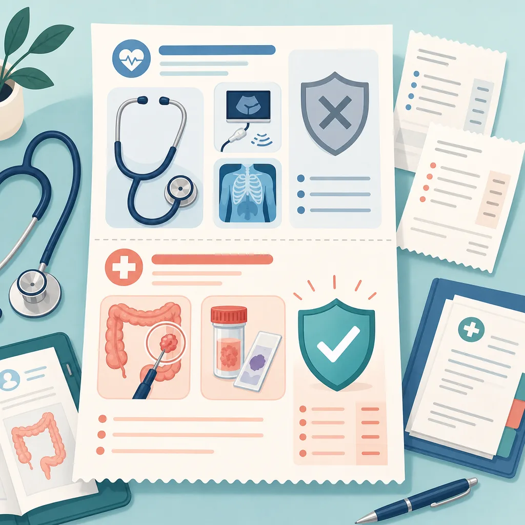 Health screening documents with a stethoscope, X-ray, test sample, and insurance shields
