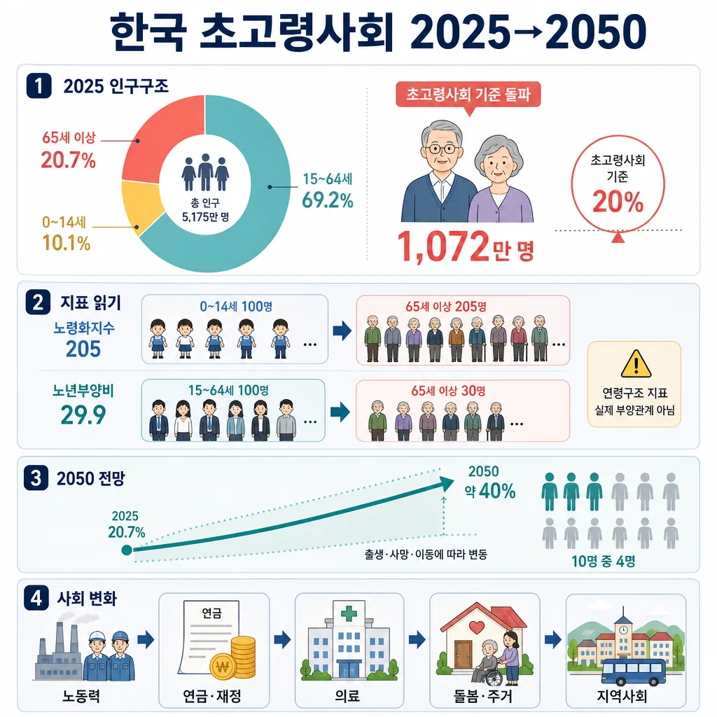 2025년 한국 고령인구 20.7%와 2050년 약 40% 전망, 노령화지수와 사회 변화를 정리한 인포그래픽