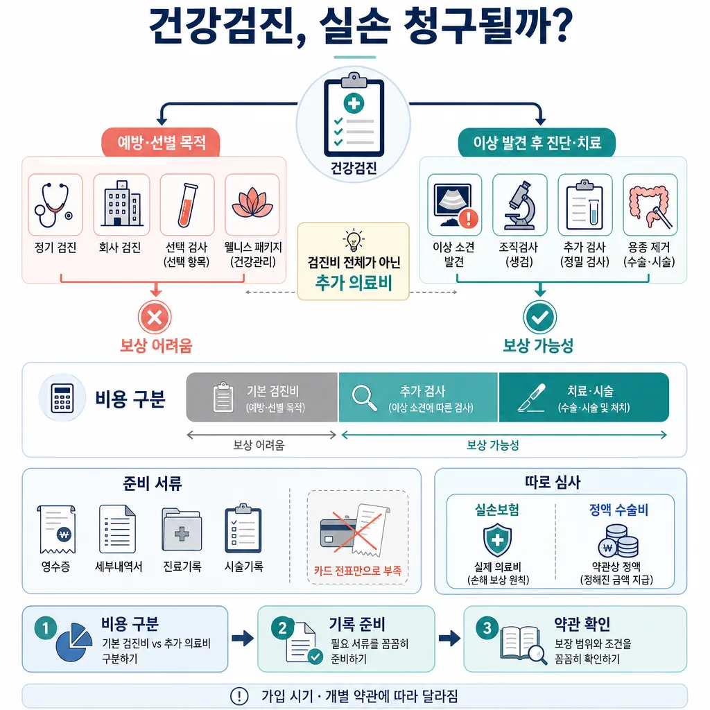 예방 목적 건강검진과 이상 발견 후 추가 진료의 실손보험 보상 가능 여부를 비교한 안내 인포그래픽