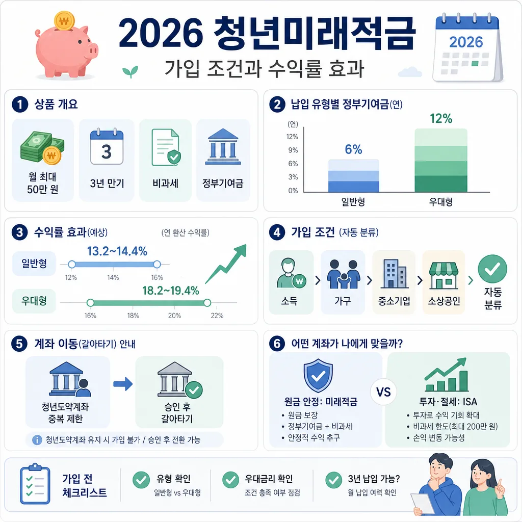 2026 청년미래적금 가입 조건, 정부기여금, 예상 수익률을 정리한 인포그래픽