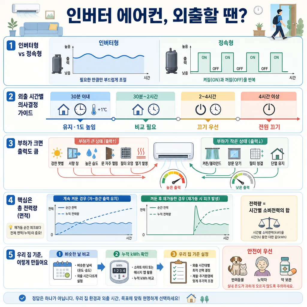 인버터와 정속형 에어컨의 작동 방식, 외출 시간별 운전 기준과 전력 소비를 비교한 인포그래픽