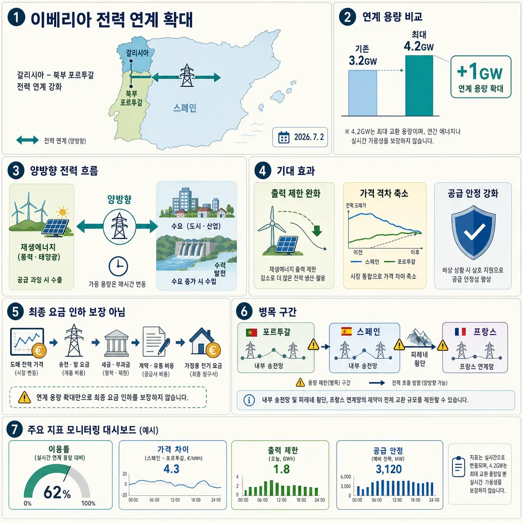 스페인·포르투갈 전력 연계 확대와 용량, 양방향 흐름, 기대 효과, 병목을 설명하는 인포그래픽