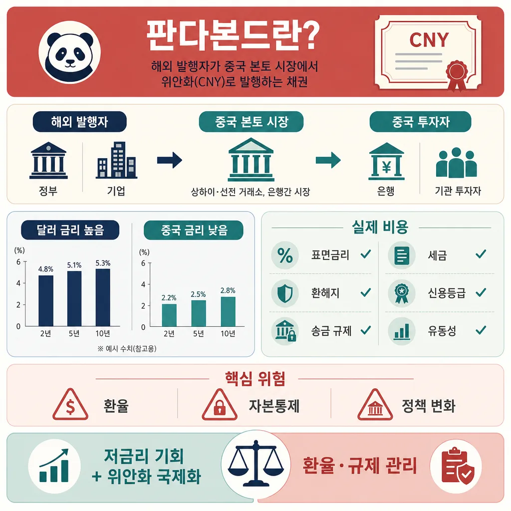 판다본드의 발행 구조, 금리 비교, 실제 비용과 위험을 설명한 한국어 인포그래픽