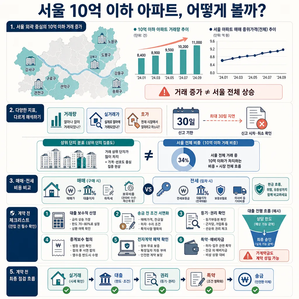 서울 10억 원 이하 아파트 거래 추이와 매매·전세 비교, 계약 전 체크리스트를 정리한 인포그래픽