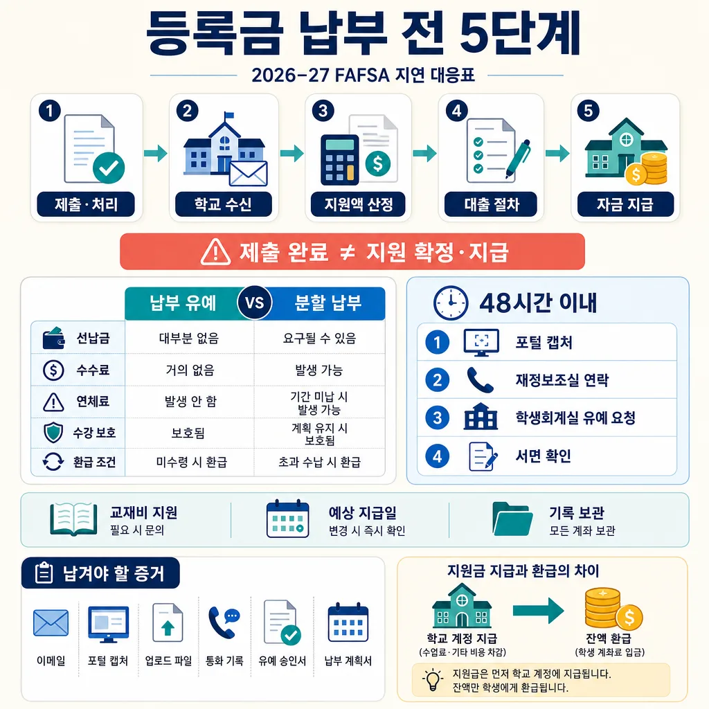 2026–27 FAFSA 지연 시 등록금 납부 전 5단계와 48시간 대응, 납부 유예·분할 납부 비교 안내표