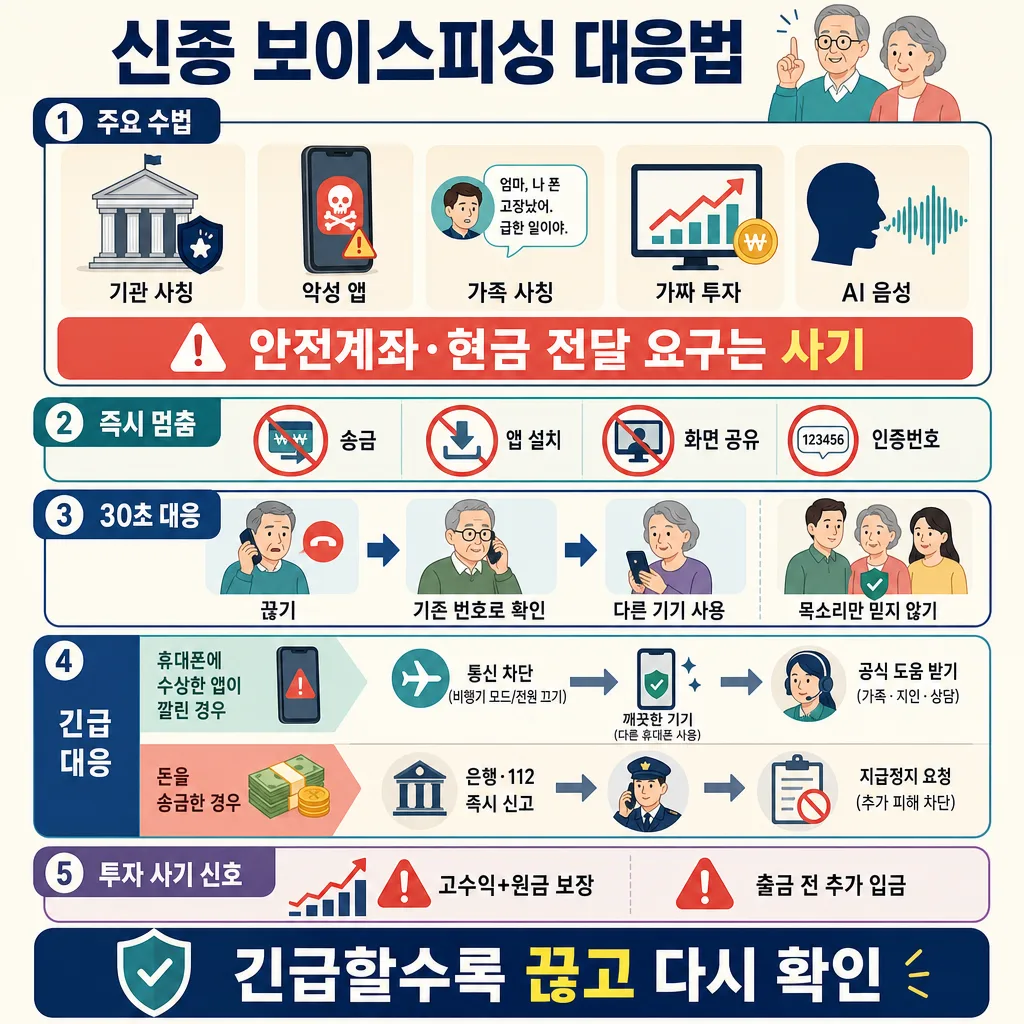 기관·가족 사칭, 악성 앱, 가짜 투자, AI 음성 등 신종 보이스피싱 수법과 대응 절차를 안내하는 인포그래픽