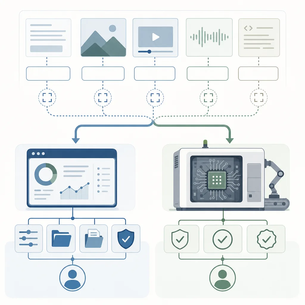 Flowchart linking text, image, video, audio and code inputs to a dashboard and AI machine with checks