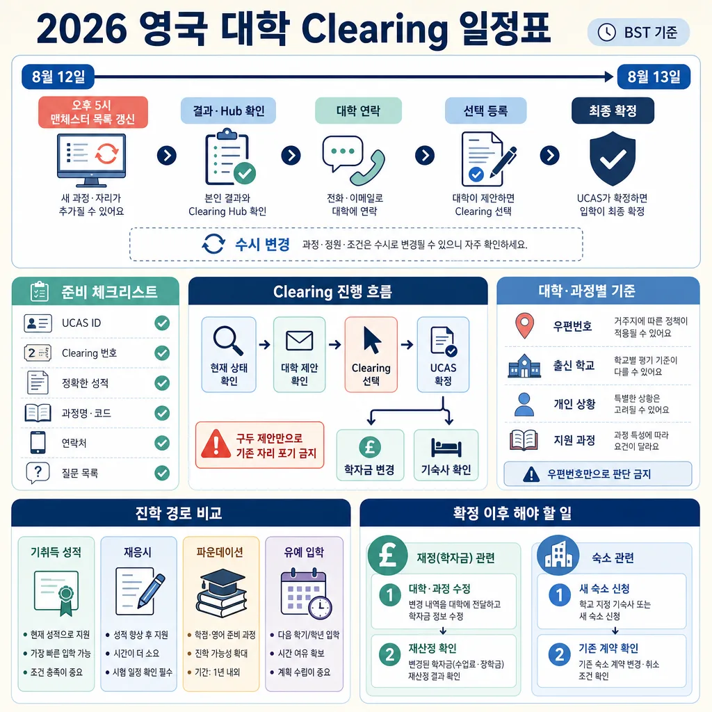 2026년 영국 대학 Clearing 일정, 준비 체크리스트, 진학 경로와 확정 후 절차를 정리한 인포그래픽
